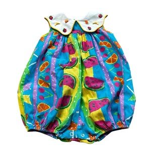 Vintage 80s Rare Editions Bubble Romper Bright Multicolor Fruits Size 12 M